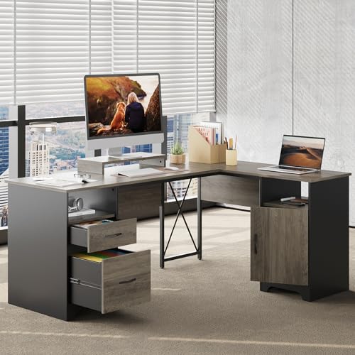 Bestier L Shaped Desk with File Drawers, 63" x 47" Office Computer Desk with Storage Cabinet, Corner Desk with Monitor Stand & Modesty Panel for Home