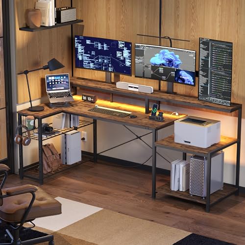 Bestier 71.5 inch Computer Desk with Power Outlets, L Shaped LED Home Office Desk with Long Monitor Stand, Large Corner Desk with Storage Shelf, Cup H