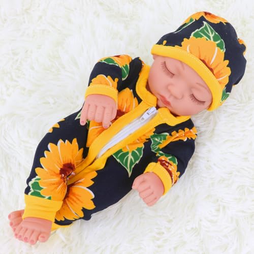 ZITA ELEMENT 10 Inch Newborn Reborn Baby Doll and Clothes Set Washable Realistic Silicone Baby Dolls with Cute Sunflower Jumpsuit - Best Gift for Kids