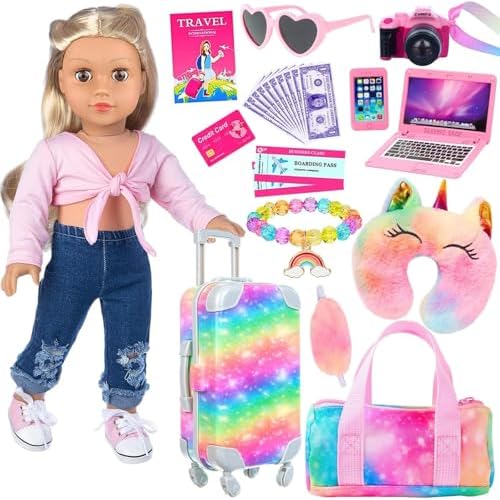 ZITA ELEMENT 23 PC 18 inch Doll Accessories Suitcase Rainbow Travel Set,Suitcase, Bag, Camera, Computer, Cell Phone, Neck Pillow, Eye Mask etc Gift fo