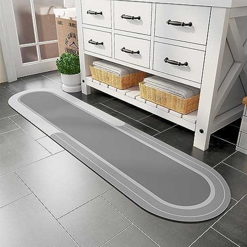 MontVoo Bath Mat Runner - Long Non Slip Absorbent Quick Dry Thin Bath Rug for Bathroom Floor Mat - Rubber Backed - Stain Resistant - Easy Care - Gray