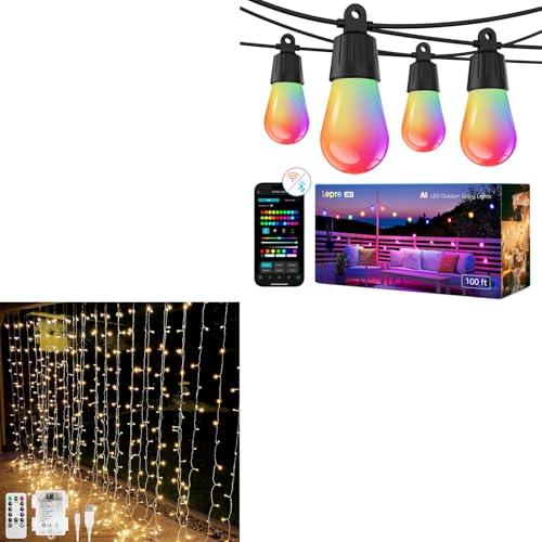 Lepro Bundle - Battery Powered 300 LED Curtain Lights & AI Smart Outdoor String Lights