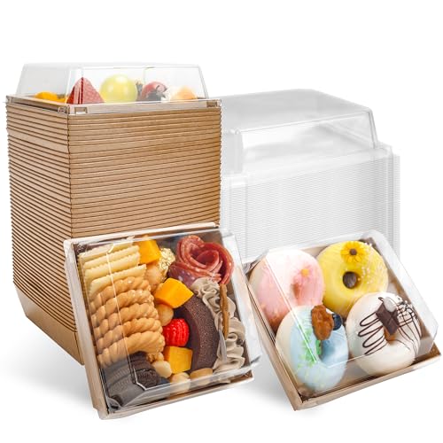 Small Charcuterie Boxes with Clear Lids Square Dessert Boxes To Go Disposable Food Containers for Cookie Sandwich Cake Slice 5.3x4.9x2.5INCH（Brown,