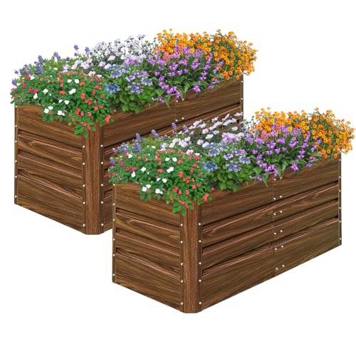 SnugNiture 2 Pcs 4x2x2FT Raised Garden Bed Galvanized Planter Garden Boxes Outdoor, Deep Root Planter Raised Bed for Vegetables Flowers Herbs,Brown Br