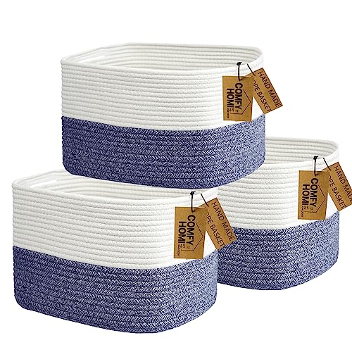 COMFY-HOMI 3 Pack Medium Cotton Rope Basket with Handles for Shelves, Dog Toy, Baby, Gift Organizing, Handwoven Craft - New Generation 13.5" x 11" x 9
