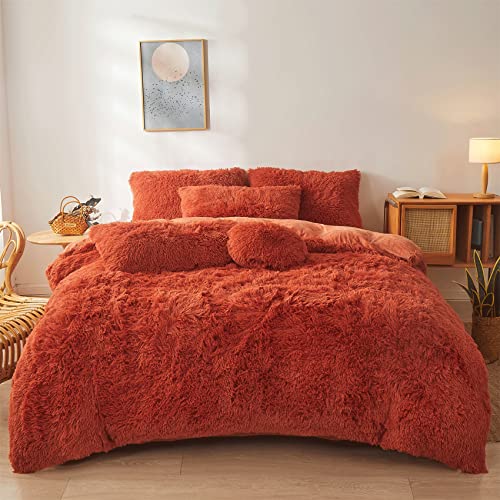 Burnt Orange Fluffy Comforter Cover Set King- Ultra Soft Plush Burnt Orange Bedding King Sets 3 Pieces (1 Faux Fur Duvet Cover + 2 Furry Pillow case)