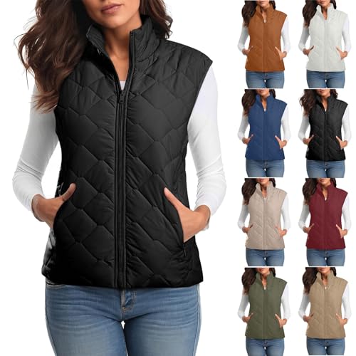 Womens Quilted Vest Lightweight Zip Up Puffer Sleeveless Autumn Outerwear Casual Body Warmer with Versatile Collar A01 Black XX-Large