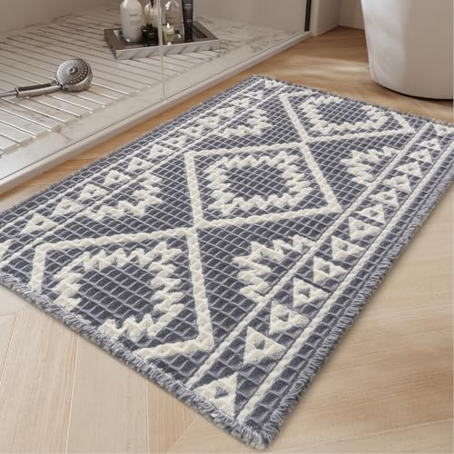 PADOOR-Waffle Bath Mat 24"x36"-Super Absorbent Bath Mats for Bathroom, Machine Washable Non Slip Bathroom Rug with Tassels, Soft Bathroom Mat for Laun