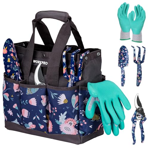 WORKPRO 5PCS Garden Tool Set, Aluminum Heavy Duty Gardening Tool Set with Garden Tool Bag, Outdoor Garden Hand Tools, Blue Insect and Flower Blue inse