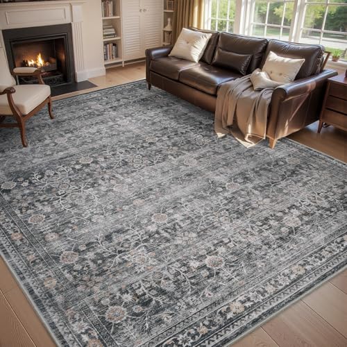 MontVoo-Vintage Area Rug 6X9 Grey Rugs for Living Room-Soft Distressed Printed Rugs for Bedroom-Non Slip Carpet-Machine Washable Rug for Dining Room L