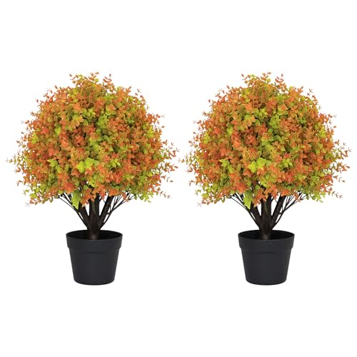 24" Fall Boxwood Topiary Ball Trees Artificial Outdoor Set of 2, UV Resistant Tall Faux Plants for Front Porch, 2ft Fake Bushes & Shrubs for Outside P