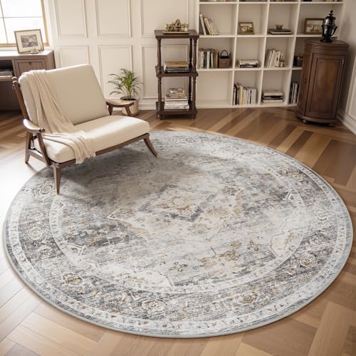 AMOAMI-6FT Round Rug-Rugs for Living Room-Vintage Soft Grey Rugs for Bedroom-Non Slip Circle Rug-Machine Washable Rug for Dining Room Living Room Bedr