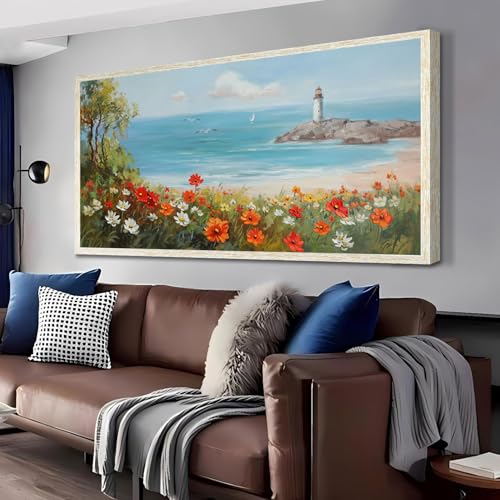 Ardemy Flowers Wall Art Canvas Blue Ocean Lighthouse Painting Seascape Landscape Coastal Picture Textured Artwork for Living Room Bedroom Bathroom Hom