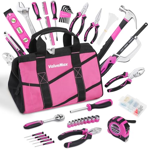 ValueMax Pink Tool Kit, 218-Pieces Home Repairing Tool Set, Household Tool Kit with Wide Mouth Open Storage Bag, Household Hand Tool Set for DIY, Gift