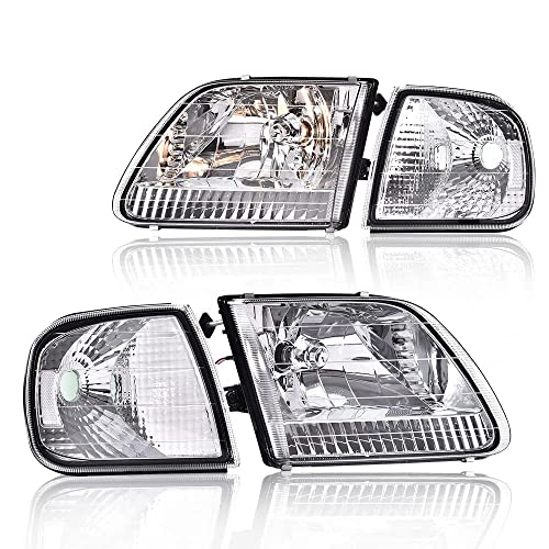 G-PLUS Headlights w-Bulbs, Fit Ford 1998-2003 F150-Fit 1997-2002 Expedition Bumper Headlamps, Clear Lens Chrome Housing Clear Reflector Left & RightBu