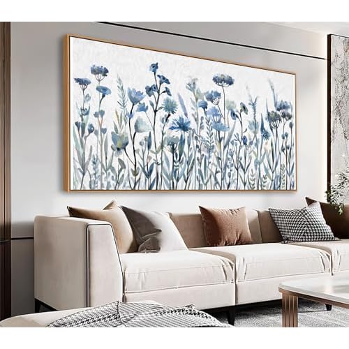 NINEASO Flowers Framed Canvas Wall Art - Navy Blue Flowers Pictures Abstract Floral Wall Decor Modern Botanical Painting Blossom Print Artwork Living