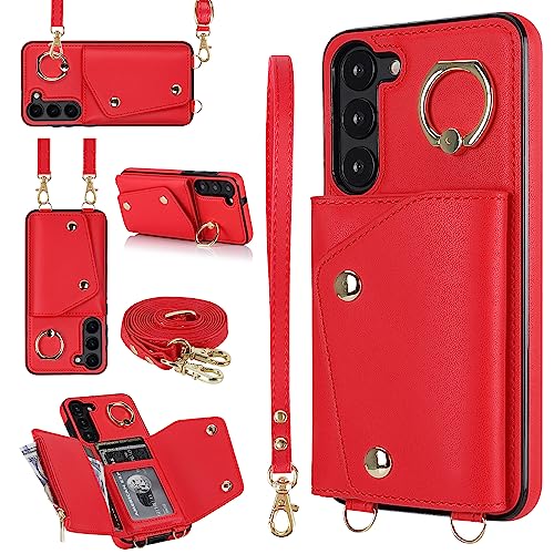 for Samsung Galaxy S25 Luxury Zipper Wallet Case with Ring, Multi Card Holder Adjustable Crossbody Strap, Fashion Wallet Bag.(Red) Red S25