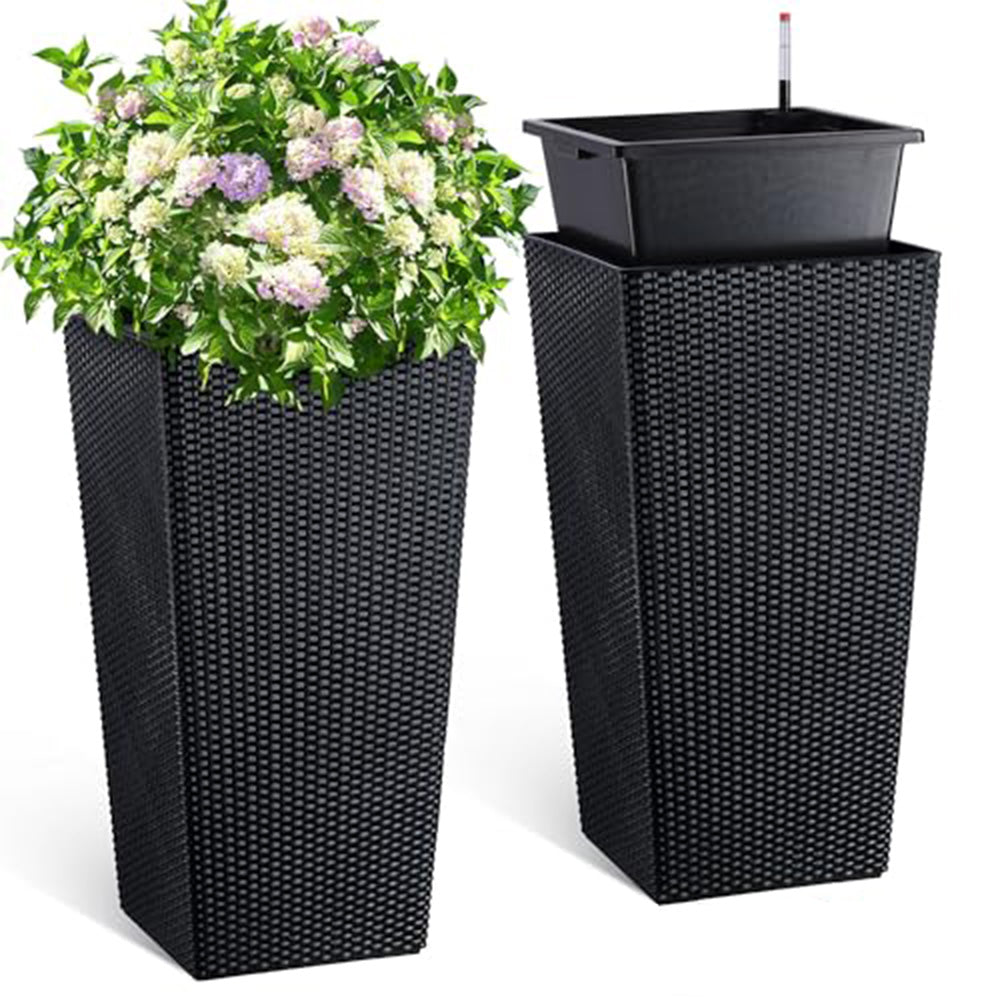 Garvee 30" Tall Set of 2 Rattan Planters - Indoor & Outdoor Porch Pots with Drainage Holes, Water Level Monitor, Inner Bucket & Automatic Watering, Bl