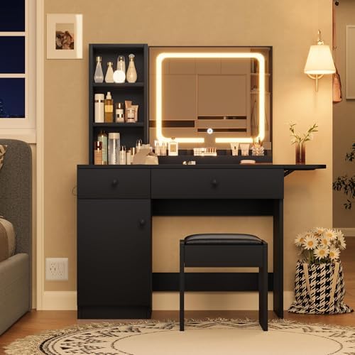 Garvee Vanity Desk with Mirror and LED Light, Makeup Vanity Desk with Drawers and Open Shelf and Storage Cabinet, Vanity Set with Faux Leather Stool i