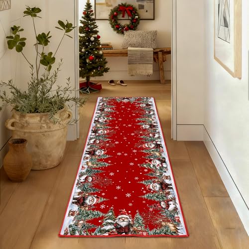 Christmas Runner Rug 2x6, Santa and Snowman Xmas Red Kitchen Mat - Washable Non Slip Low Pile Christmas Area Rugs for Floor Hallway Laundry Bedroom Ho