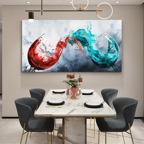Pogusmavi Dining Room Wall Art Wine Glass Canvas Wall Pictures Kitchen Art Wall Decor Blue & Red Wine Cups Painting Modern Wall Art for Living Room Of