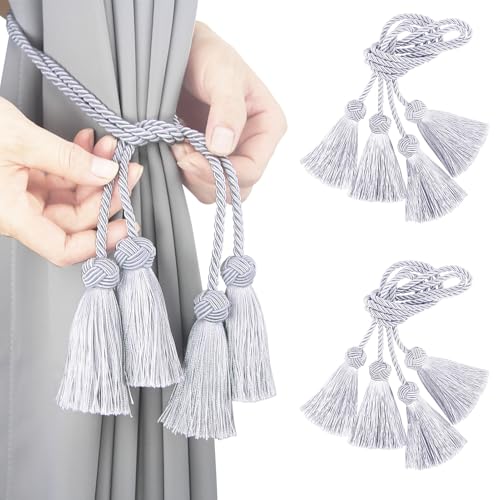 Elegant Curtain Tiebacks Rope Decorative Curtain Tie Backs for Drapes Hand Woven Window Treatment Holdbacks with Tassel, Grey 4pack