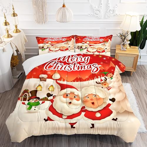 Christmas Comforter Set Full Size Red Plaid Bedding Sets Xmas Gift Christmas Themed Festival Winter Snow Quilt Set,1 Comforter + 2 Pillow Cases 3 Full