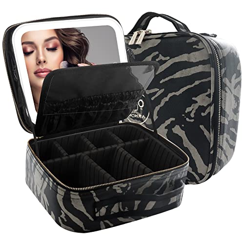 MOMIRA Travel Makeup Bag With LED Mirror,Train Case with Light up Mirror, Portable Makeup Artist Organizer Bag with Adjustable Dividers, Makeup Brush