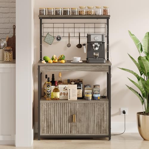 Bestier Bakers Rack with Power Outlet, 45" to 55" Height Adjustable Microwave Stand with Storage Cabinet, Coffee Bar Cabinet Kitchen Rack with LED Lig