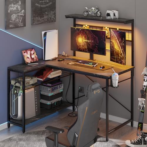 Bestier 42 L Shaped Gaming Desk, Computer Desk with Power Outlets & LED Light, Reversible Corner Desk with Shelves, Home Office Desk with Storage, Bla