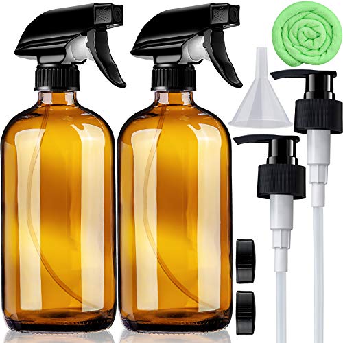 Amber Glass Spray Bottles 16 oz Pump Bottle (2 Pack) Refillable Cosmetic Containers Brown Mist & Stream Mister for Essential Oil Products Shampoo Soap
