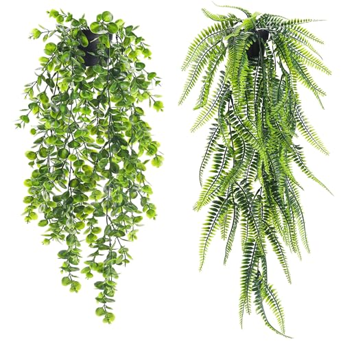 Der Rose 2 Pack Fake Hanging Plants Artificial Decor Faux Plants Indoor in Black Pots for Home Bedroom Living Room Decor