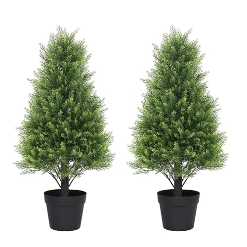 Artificial Cedar Topiary Trees Set of 2, 30'' UV Resistant Faux Cypress Pine Plants Outdoor, 2.5ft Large Realistic Faux Evergreen Cone Bushes & Shrubs