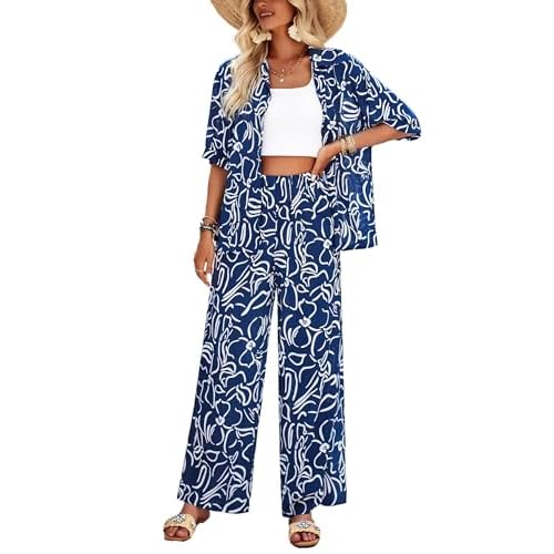 Women 2 Piece Outfits Short Sleeve Elastic Waist Tracksuit Set Loose Lounge Workout Pants Blue X-Large