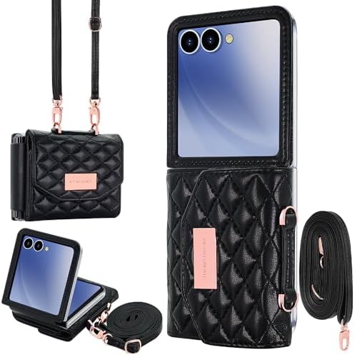 for Samsung Galaxy Z Flip 7 Wallet Case with Built-in Leather Cash Slot and Credit Card Holder, Adjustable Crossbody Strap, Hinge Protection for Women