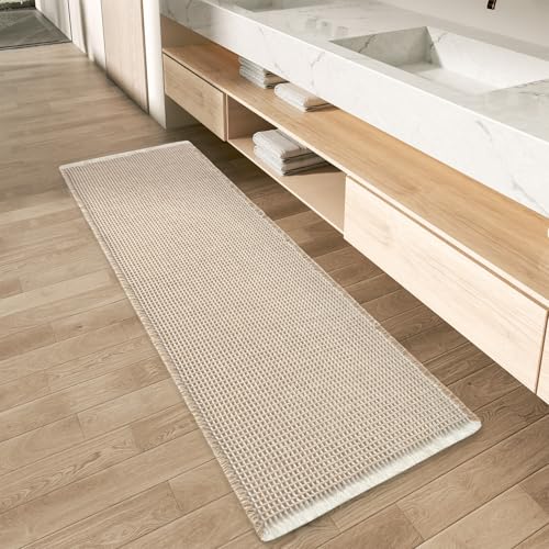 AMOAMI Upgraded Waffle Runner Rug Super Absorbent Non Slip Bath Mats for Bathroom Machine Washable Bathroom Runner Rug with Tassels, Ideal for Hallway