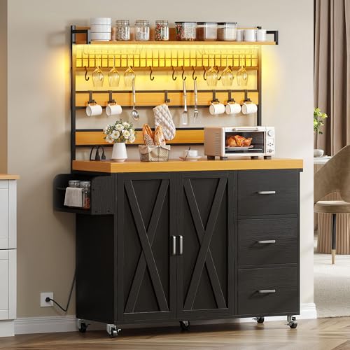 YITAHOME Bakers Rack with Power Outlet and LED Light, 53 Inch Microwave Stand with Storage Cabinet Thickened Counter, Farmhouse Coffee Bar Cabinet on