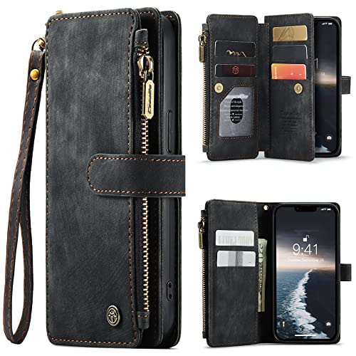 for iPhone 14 Pro Wallet Case with 7 Card Holder Slots Magnetic Zipper Pocket Pouch Flip KicStand Durable Premium Leather PU with Lanyard Strap Wristl