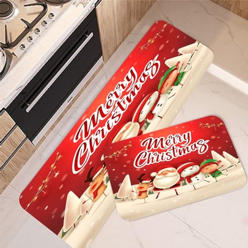 Christmas Kitchen Rugs Sets of 2, Merry Christmas Floor Mats Doormat Santa Claus Reindeer Non-Slip Washable Winter Snowflakes Xmas Rug Indoor Home Dec