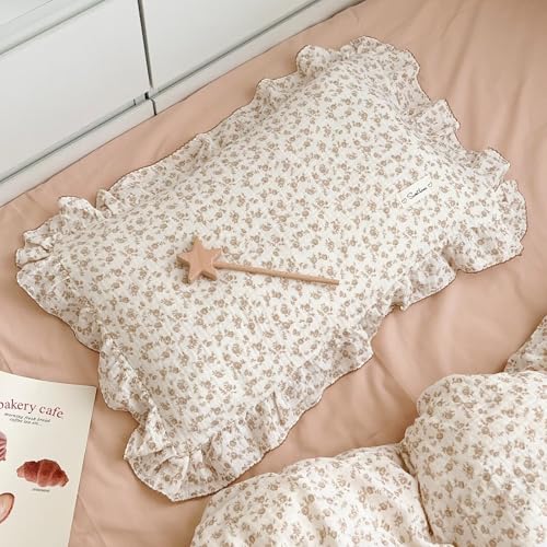 BuLuTu Camellia Floral Print Pillowcase King Muslin Cotton Pillow Case Chic Shabby Pillow Cover with Ruffles Enveloped Pillowcases, Machine Washable,