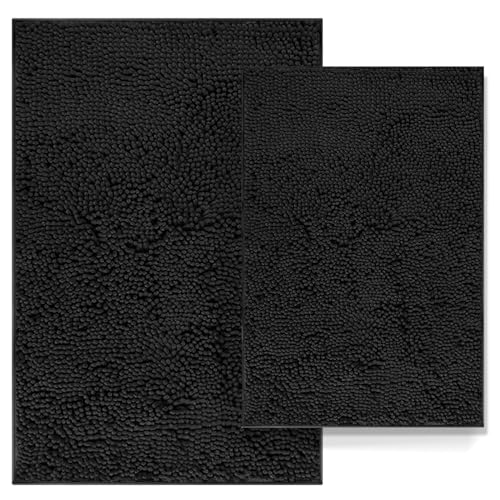 Black Bathroom Rugs Non Slip Bath Rugs Set 2 Piece, Bath Mats for Bathroom, Thick Soft Chenille Rug Set, Bathtub Mat, Ultra Absorbent Bath Carpet, Sha