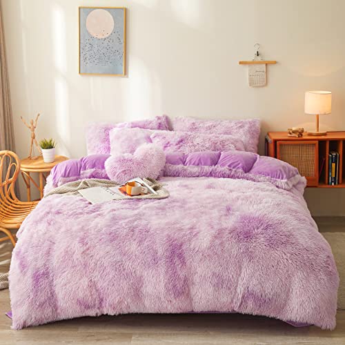 Tie dye Lavender Plush Fluffy Comforter Cover Set King- Ultra Soft Faux Fur tie dye Bedding Sets 3 Pieces (1 Shaggy Duvet Cover + 2 Pillow case) Fluff