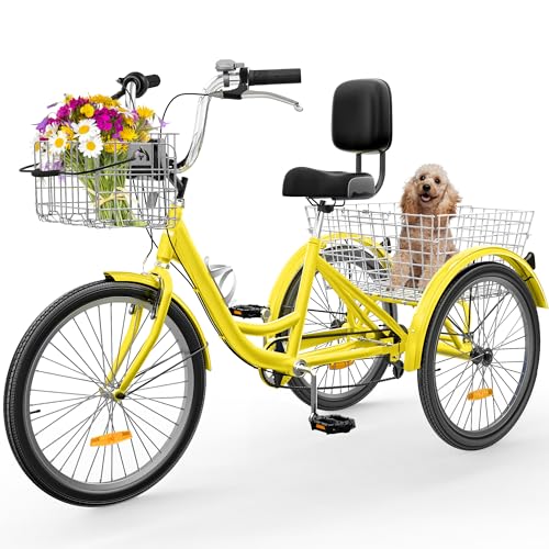 YITAHOME 7 Speed Adult Tricycle, 24 & 26 Inch 3 Wheel Bikes, Trike Bike for Adults with Removable Baskets, Cruiser Bike for Seniors Women Men Shopping