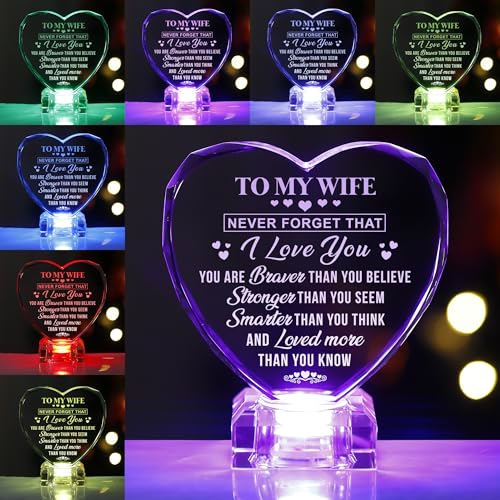 Gifts for Wife Birthday Christmas Anniversary, Love Heart Crystal Engraving Night Light 7-Color Changing, Tabletop Decoration Gifts for Wife from Husb
