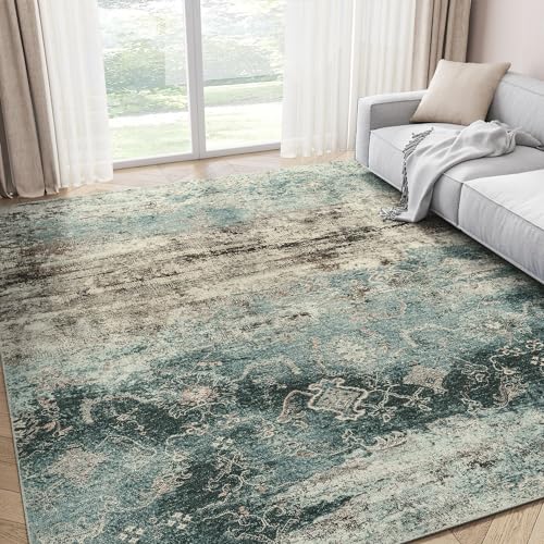 Washable Area Rug for Living Room Bedroom - 8x10 Vintage Boho Rug, Modern Abstract Indoor Carpet, Distressed Non-Slip Non-Shedding Soft Floor Rug for