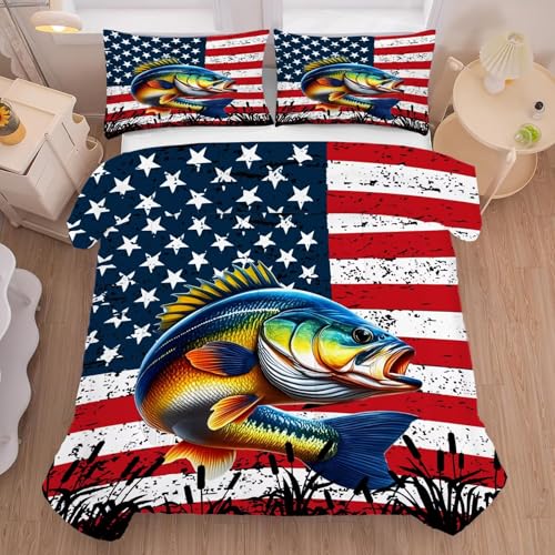 Fisherman Comforter Set King Size American Flag Bedding Set for Men Boys Teens Fishing Lover Bedroom Bass Fish Farmhouse Bed Set Wild Quilted, 1 Comfo