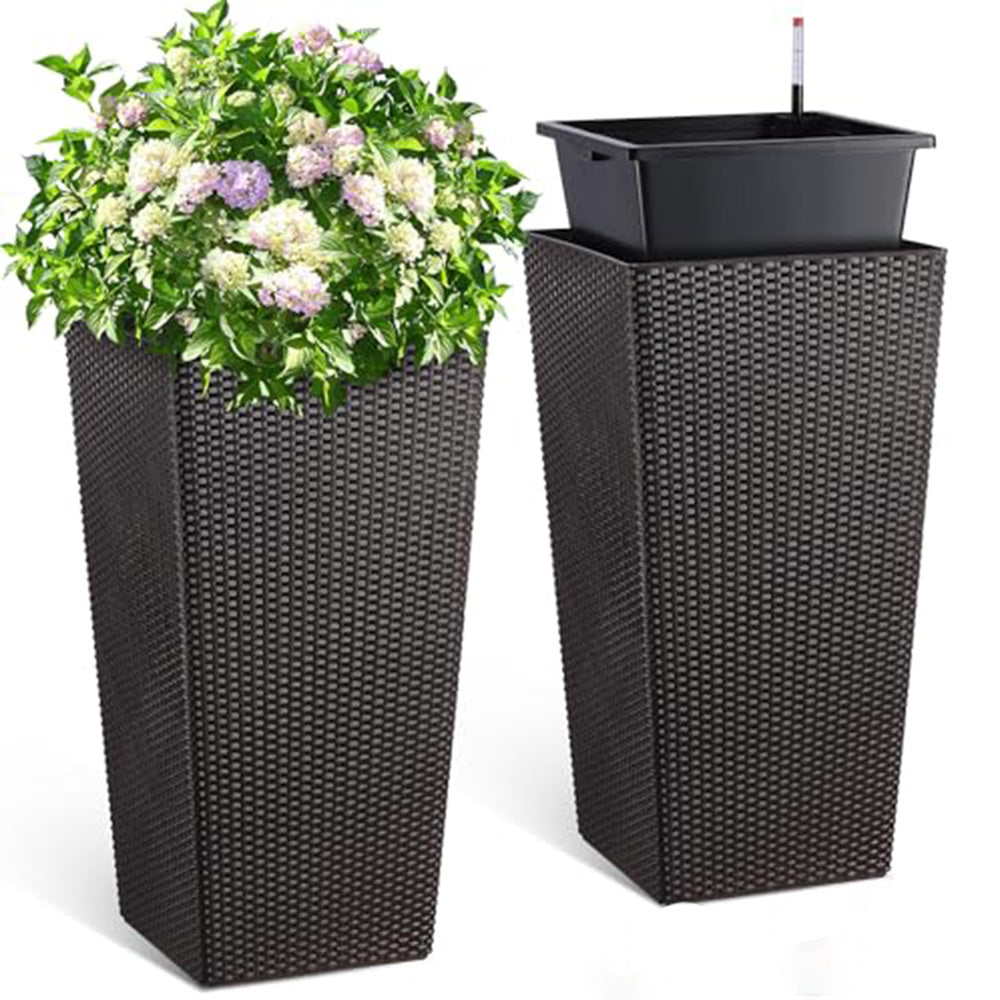 Garvee 30" Tall Planters Set of 2, Rattan Outdoor＆Indoor Planter Pots, High Front Porch Planter Pots with Drainage Holes＆Water Level Monitor＆Inner Buc