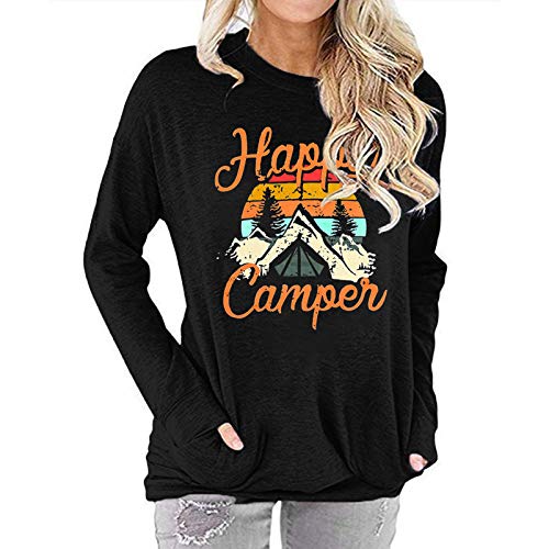 Fuyxxmer Happy Camper Sweatshirt Women Vintage Mountain Graphic Tee Long Sleeve Pullover Blouses Top Shirts with Pockets Black Small