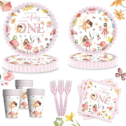 120PCS Fairy First Birthday Party Supplies for One Year Old Girl, Spring Floral Fairy 1st Birthday Decorations Tableware, Paper Plates 9’’ & 7”,