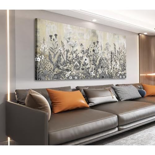 NINEASO Botanical Canvas Wall Art - Wildflower Pictures Vintage Grey Brown Floral Wall Decor Rustic Beige Print Flower Plants Painting Artwork for Liv